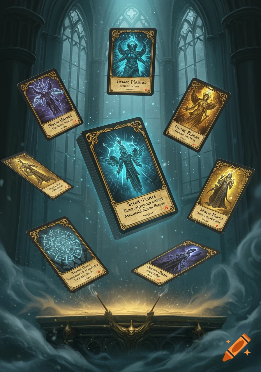 Fantasy-style playing cards featuring ethereal figures and symbols float above a magical altar in a gothic hall.