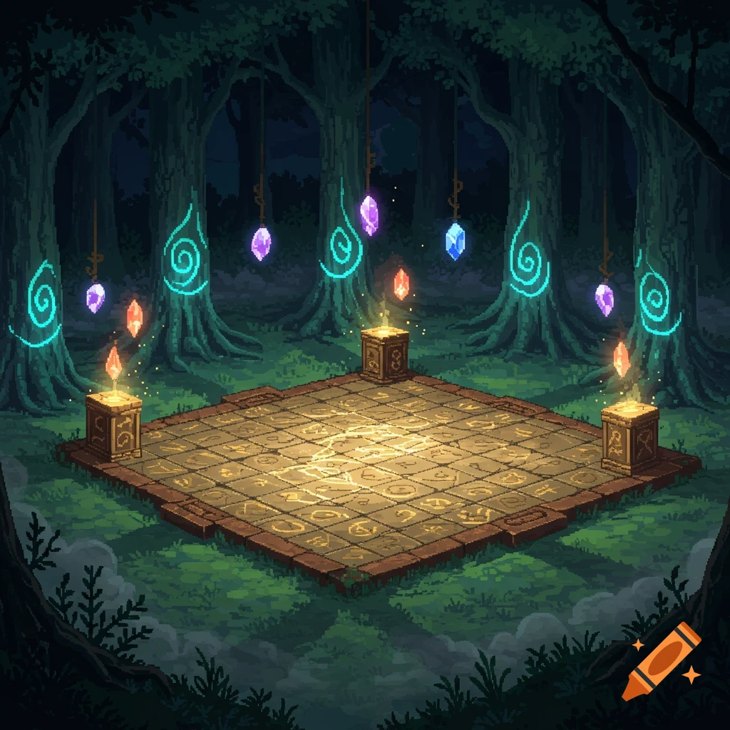 Pixel art fantasy scene of a square arena with glowing symbols on its tiles, surrounded by trees with hanging crystals and glowing spirals.