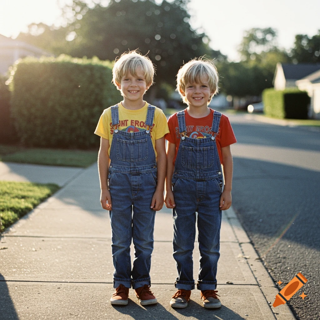 Two smiling blond boys in blue overalls and graphic t-shirts stand on a sidewalk.