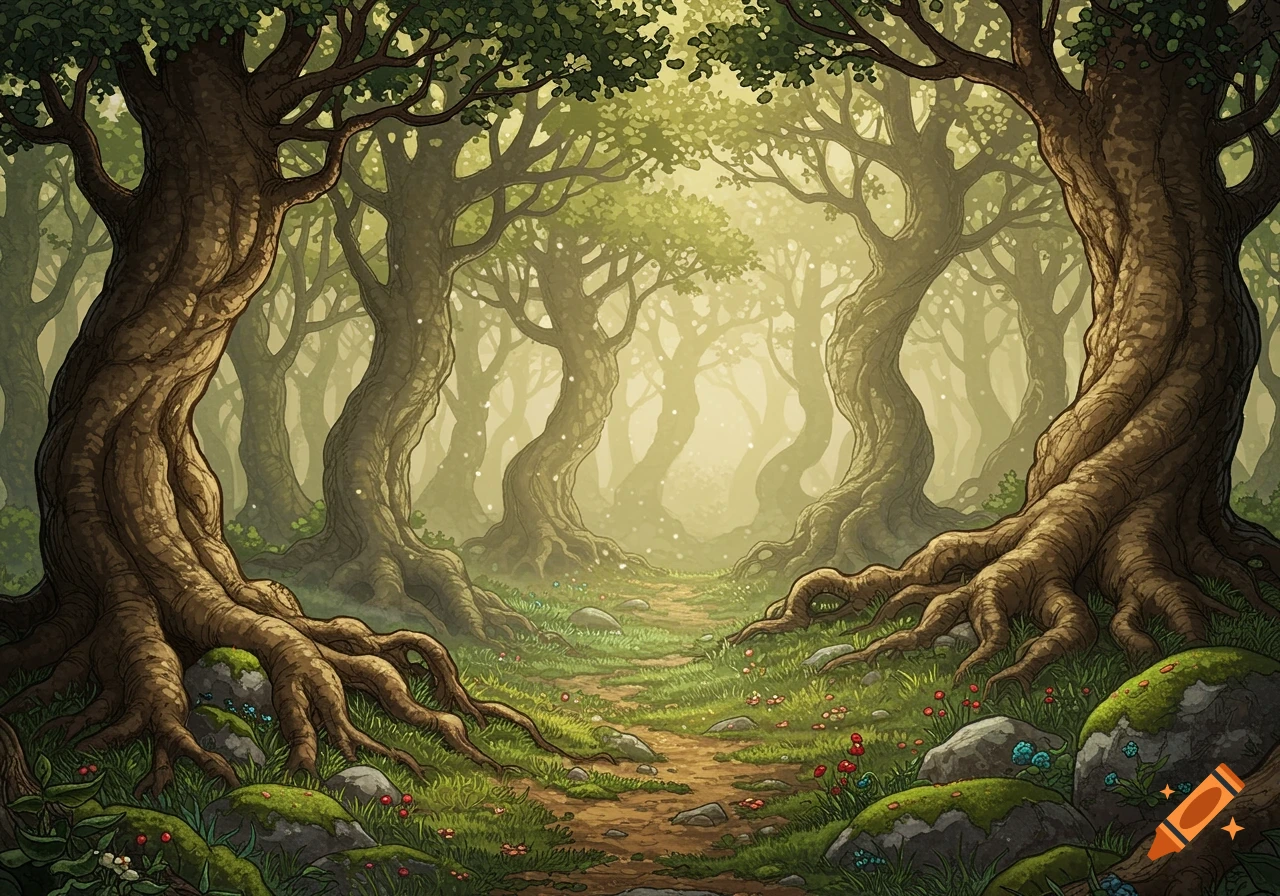 A whimsical forest scene with tall, gnarled trees forming an arch over a winding path, bathed in ethereal light, in the style of Arthur Rackham.