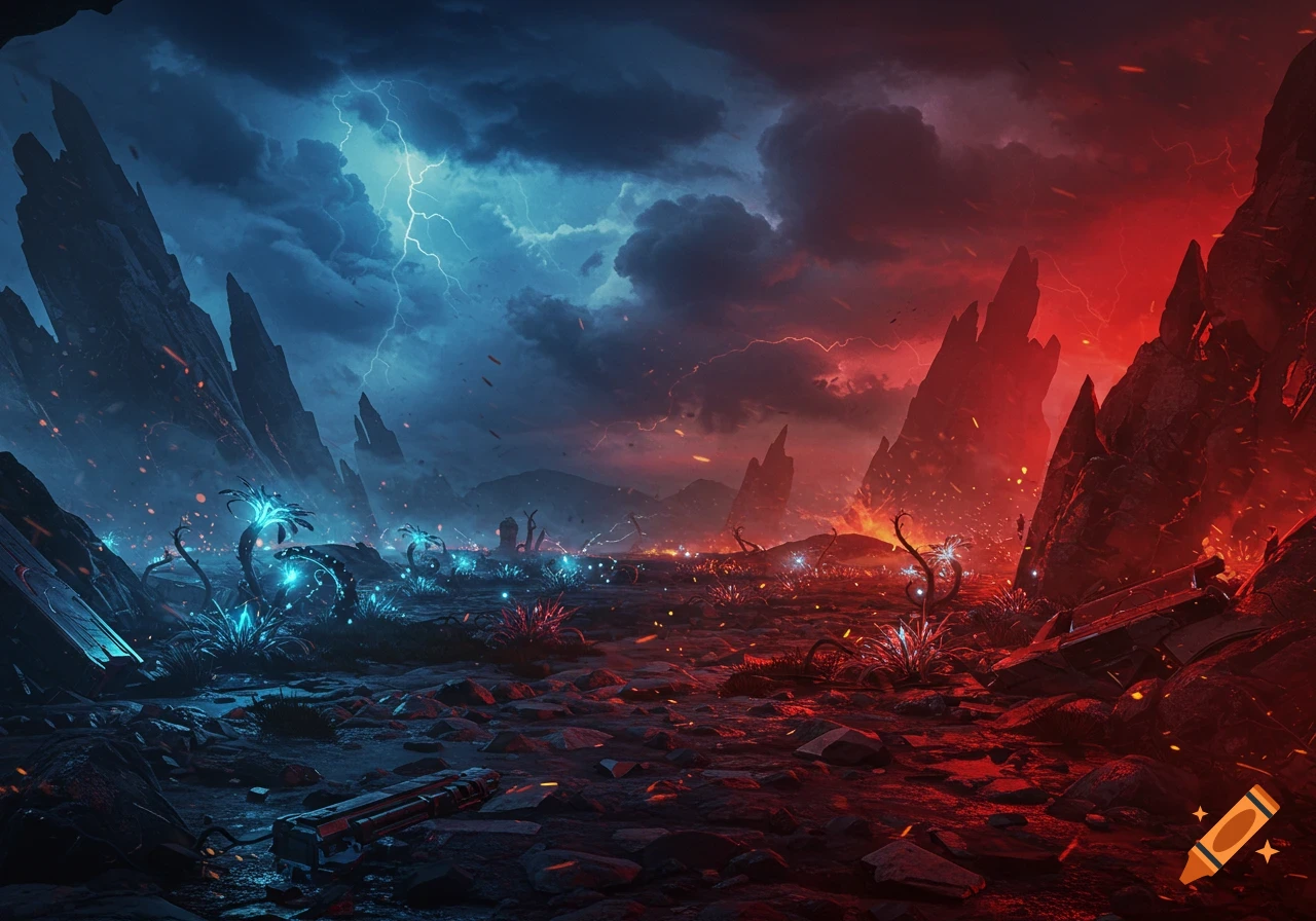 A desolate sci-fi landscape split between a stormy blue sky with lightning and a fiery red sky, featuring jagged rocks and glowing alien plants.