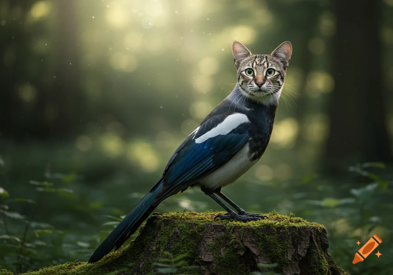 A photorealistic cat-headed magpie stands on a mossy log in a sunlit forest.
