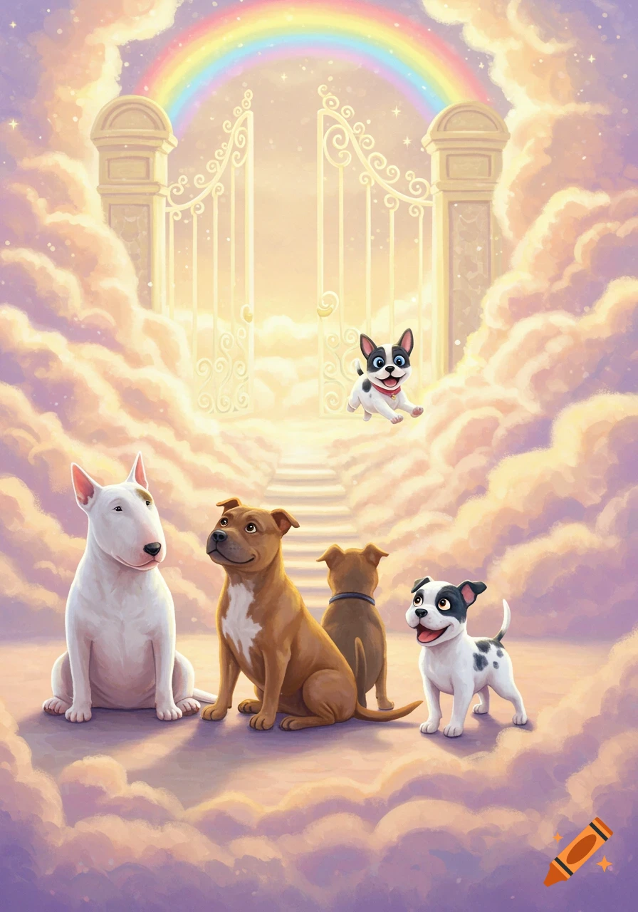 Cartoon dogs including a Bull Terrier and Staffordshire Terrier sit on clouds by golden gates as a French Bulldog runs over a rainbow.