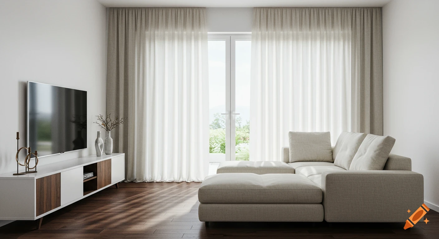 Bright contemporary living room with a cream sectional sofa, white TV cabinet with wood accents, and sheer greige curtains over glass doors, on dark hardwood floors.