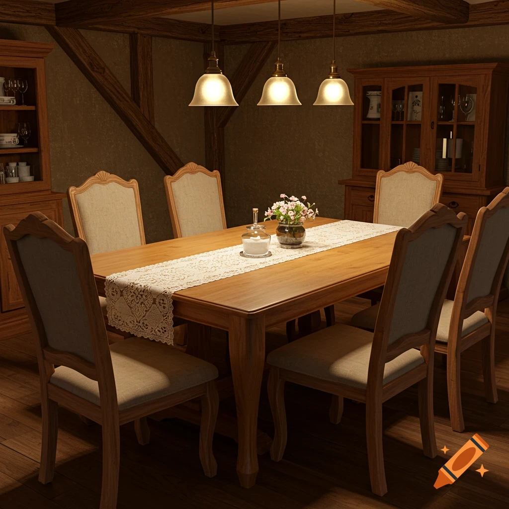 A rustic dining room with a long wooden table, six upholstered chairs, pendant lights, and wooden display cabinets.