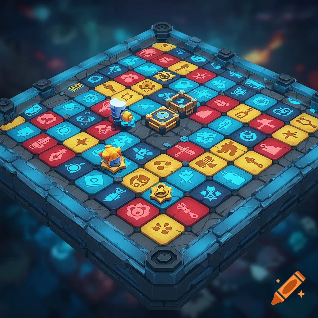 Isometric view of a vibrant stylized game board with colorful red, yellow, and blue tiles, each featuring unique icons, and several game pieces.