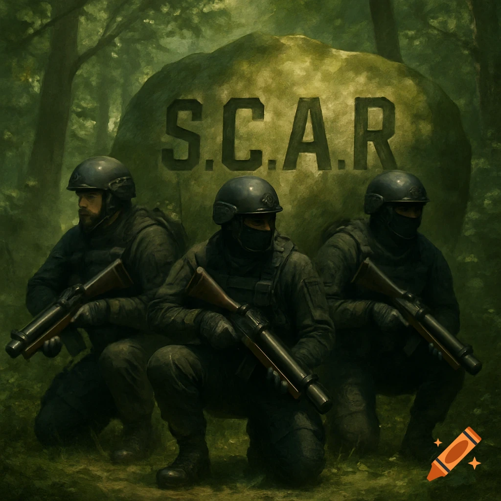 Three soldiers in dark uniforms and helmets crouch in a dark forest, holding rifles. Behind them is a large rock with "S.C.A.R" carved into it.
