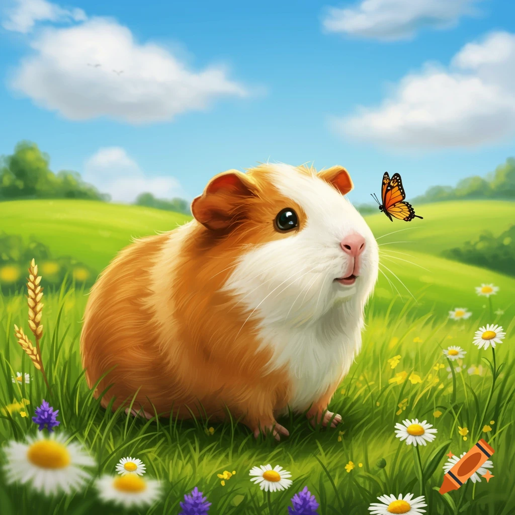A cute guinea pig with orange and white fur sits in a green field with wildflowers and a butterfly.