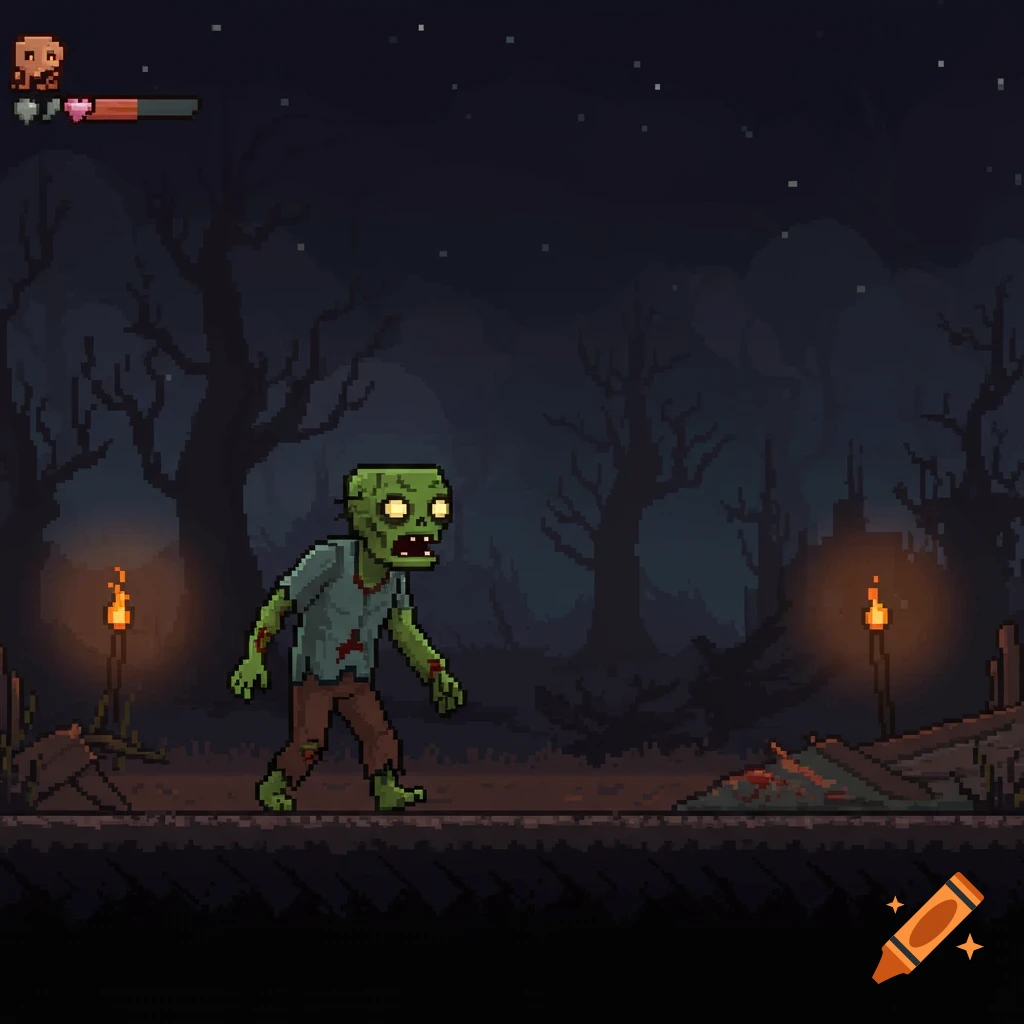 A pixel art zombie with glowing green eyes and torn clothes walks through a dark forest at night, with two torches lighting the path and game UI elements at the top.