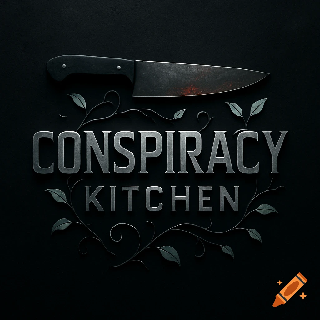 A dark, stylized logo featuring a chef's knife above the words "CONSPIRACY KITCHEN" in metallic text, surrounded by leafy vines.