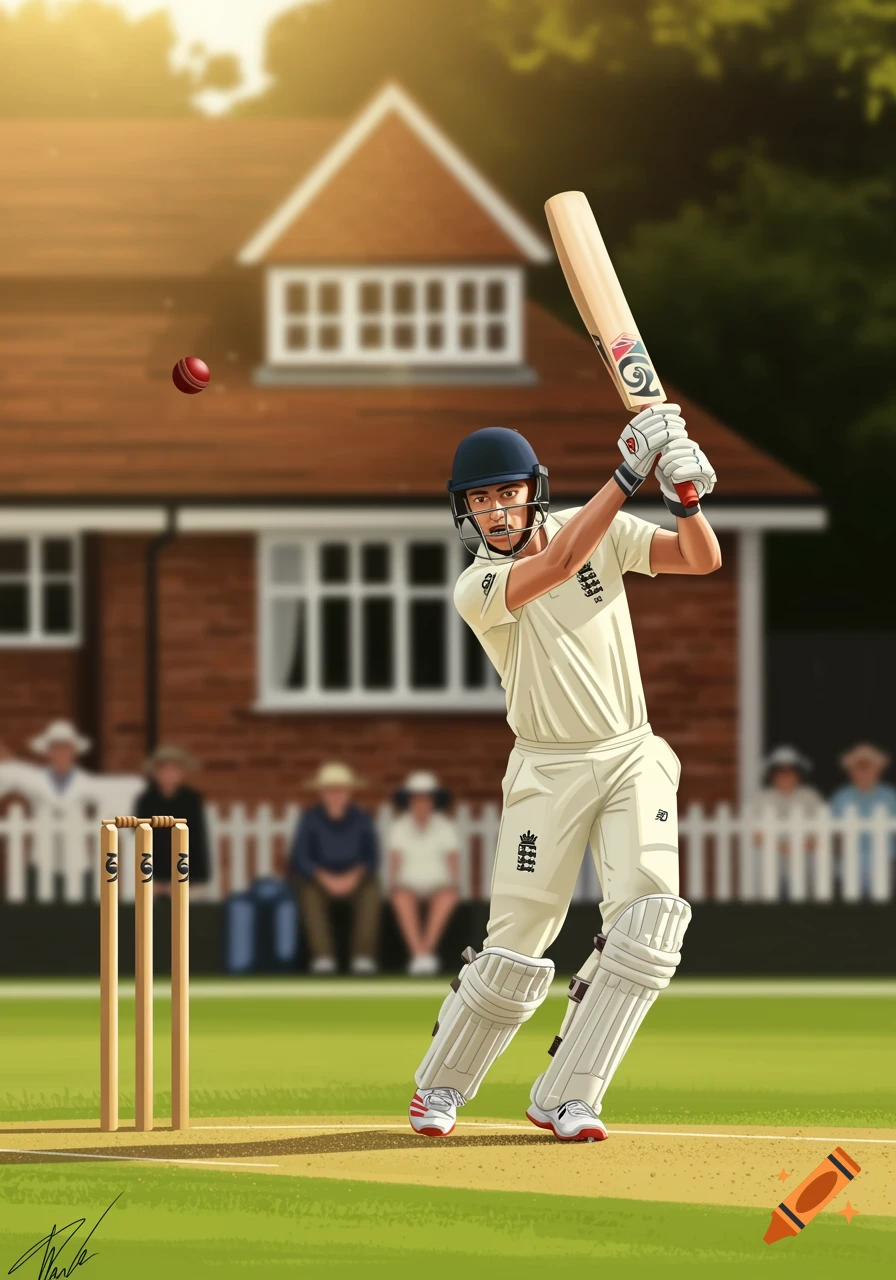 An illustrated male cricketer in white uniform bats a red ball on a green pitch with stumps, a house, and spectators in the background.
