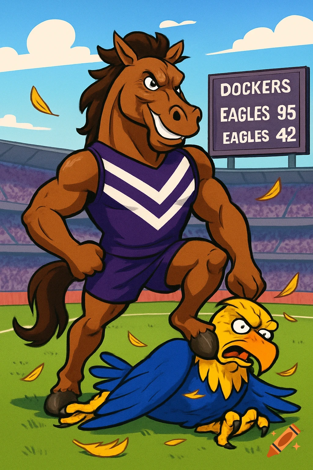 A muscular brown horse mascot in a purple and white sports uniform steps on a defeated blue and yellow eagle mascot on a green football field. A scoreboard in the background shows 'DOCKERS', 'EAGLES 95', 'EAGLES 42'.