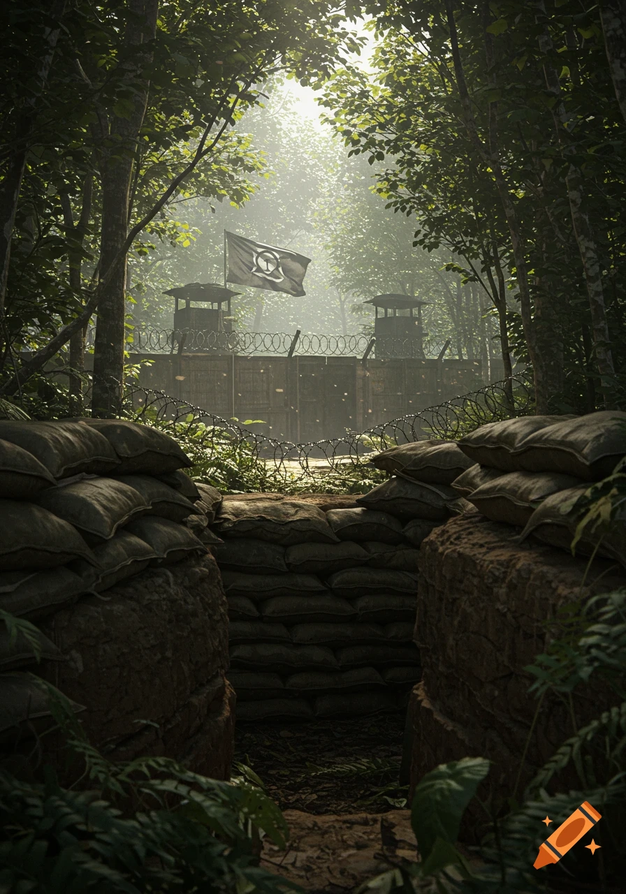 First-person view from a sandbag bunker towards a fortified military base with watchtowers and razor wire, a flag flying, in a dense, sunlit jungle.