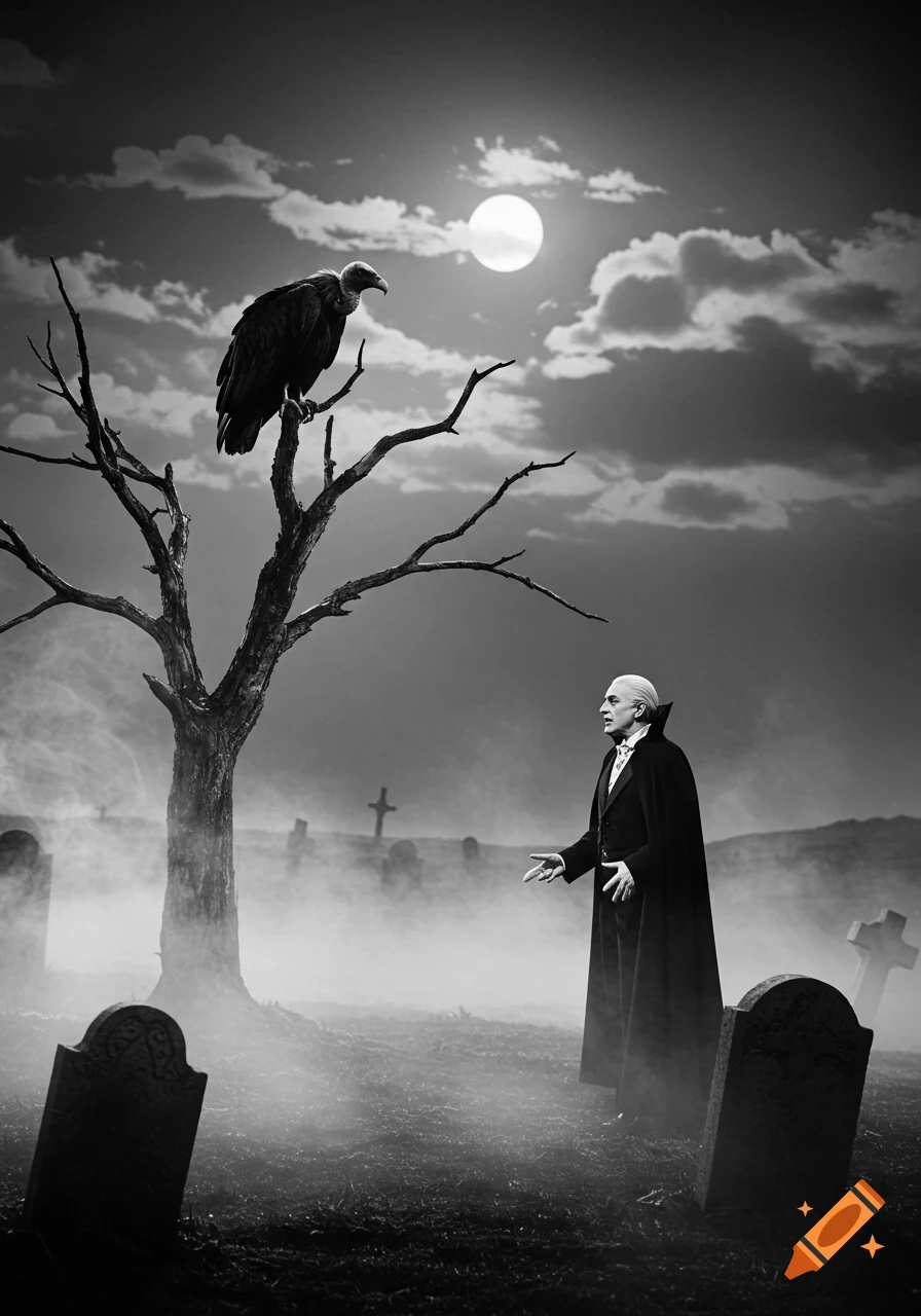A black and white gothic scene of a vampire standing in a misty graveyard with a vulture perched on a bare tree under a full moon.
