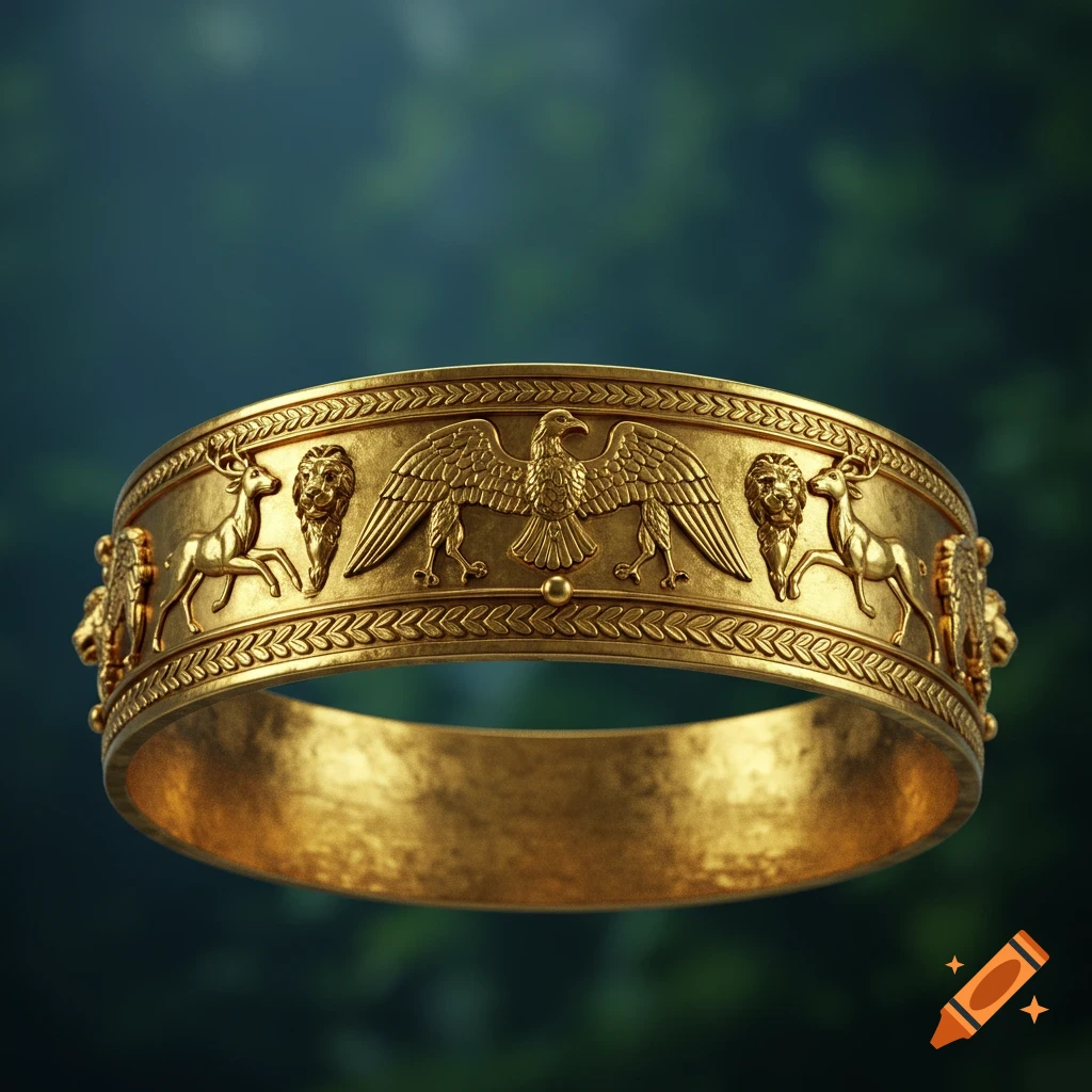 A detailed gold band with embossed eagle, lion, and deer designs against a blurred green background.