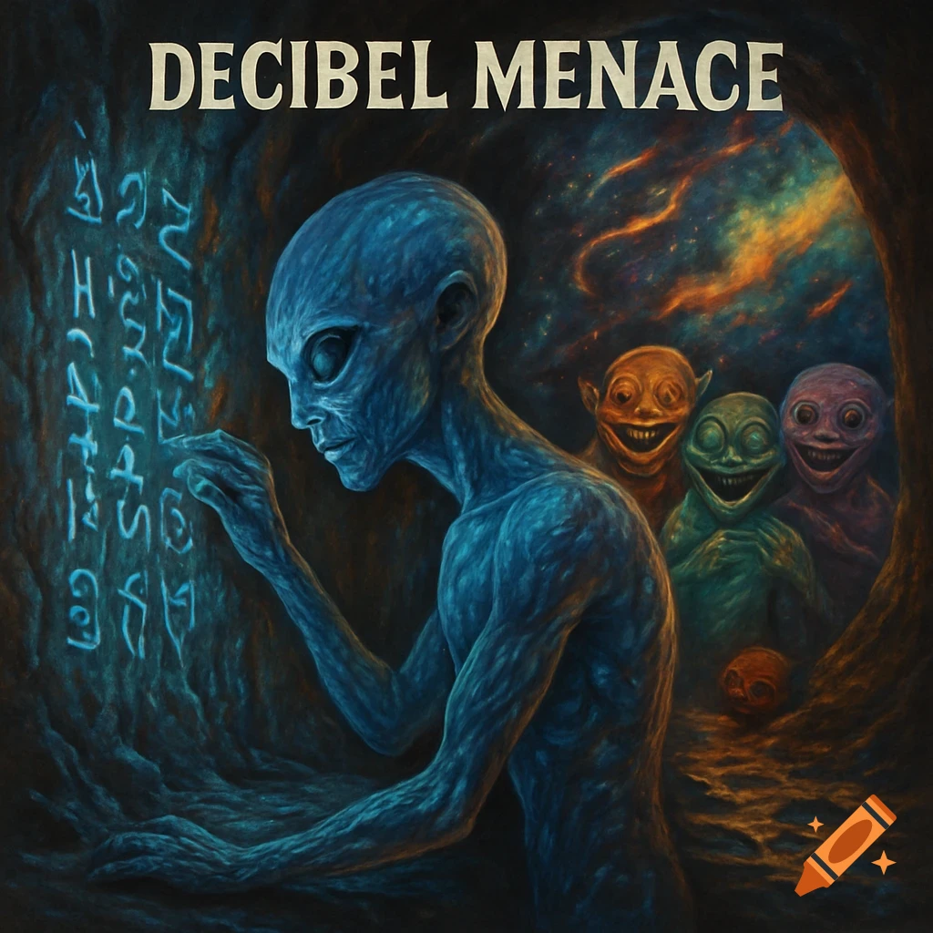 A blue-skinned alien writes glowing hieroglyphics on a cave wall while three smiling, grotesque creatures watch from behind, styled as a dark fantasy album cover.
