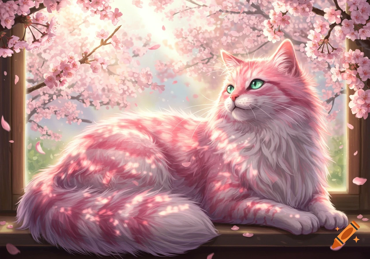 A fluffy pink tabby cat with bright green eyes lies on a window sill, surrounded by delicate pink cherry blossoms.