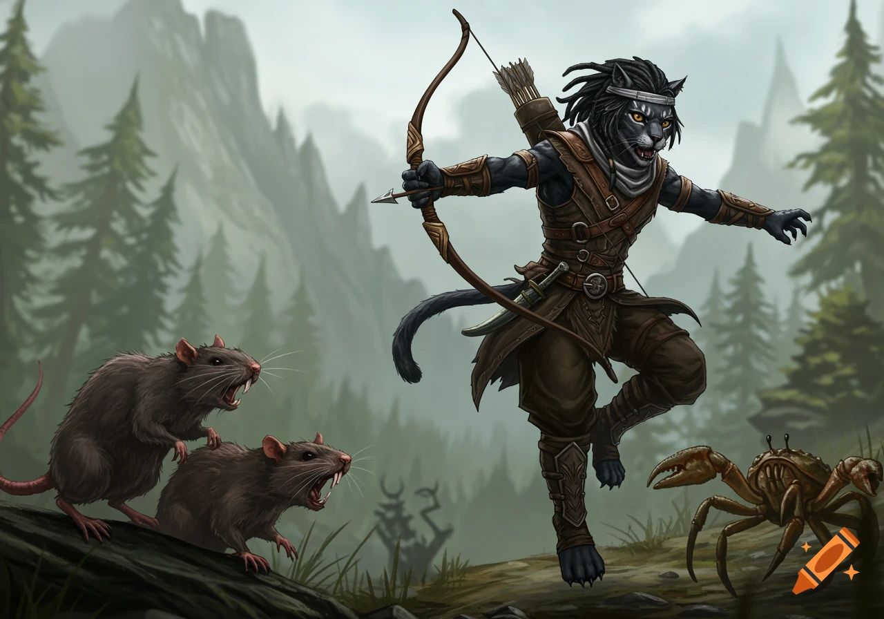 A black cat-like humanoid archer in leather armor aims a bow in a misty forest, pursued by two rats and a mudcrab.