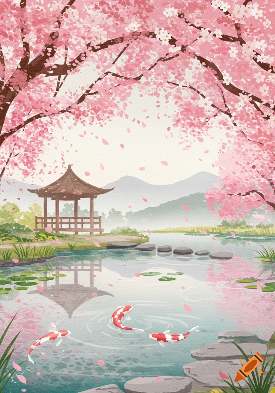Japanese Temple by a Lake Under a Pink Moon With Japanese