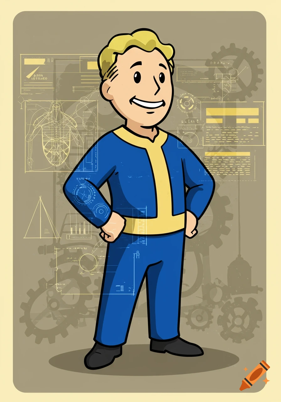 A cartoon character resembling Vault Boy in a blue and yellow jumpsuit, standing in front of faint technical schematics.