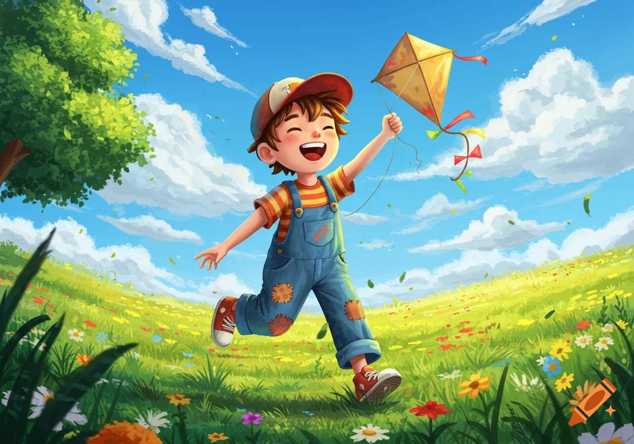 A happy cartoon boy in overalls runs through a vibrant, flower-filled field under a sunny blue sky, flying a yellow kite.