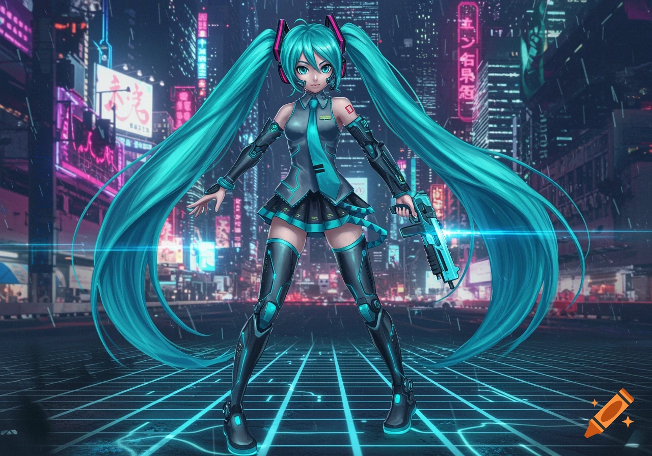 Hatsune Miku in a cybernetic suit with teal twin tails holds a glowing sci-fi gun in a neon-lit cyberpunk city.