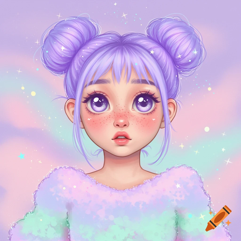 A cute stylized portrait of a girl with purple space buns and large purple eyes, wearing a pastel rainbow fluffy sweater.