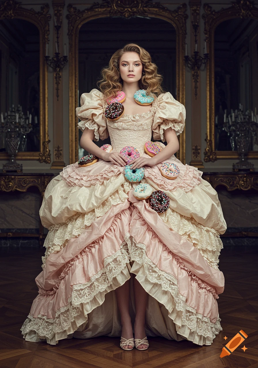A woman in an elaborate pink and cream frilly gown covered in various donuts stands in a grand, ornate room. Photorealistic.