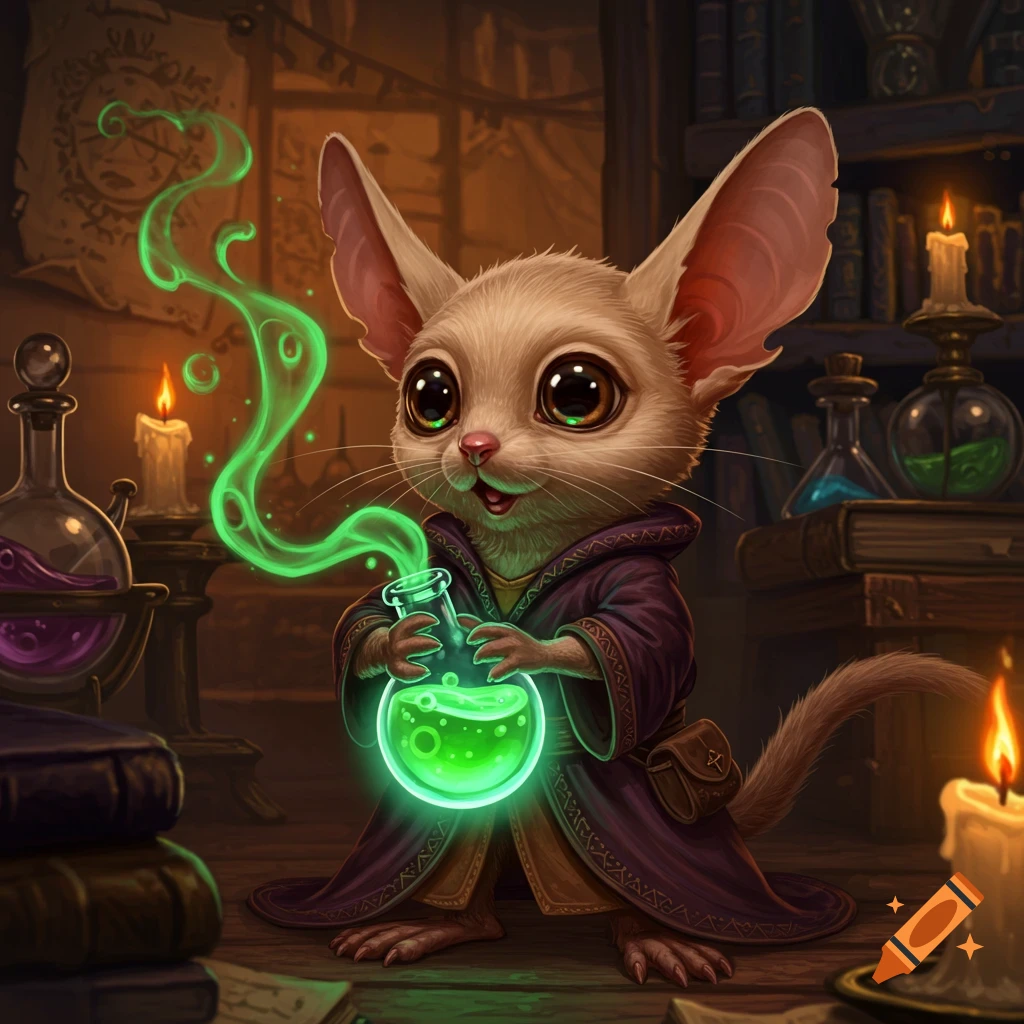 A cute jerboa in a purple and brown wizard robe holds a glowing green potion, in a dimly lit, cozy alchemy lab.