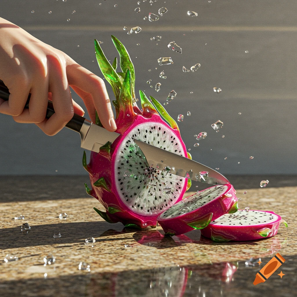 A hand slices a glass-like pink dragon fruit with a knife on a speckled counter, water droplets splashing around.