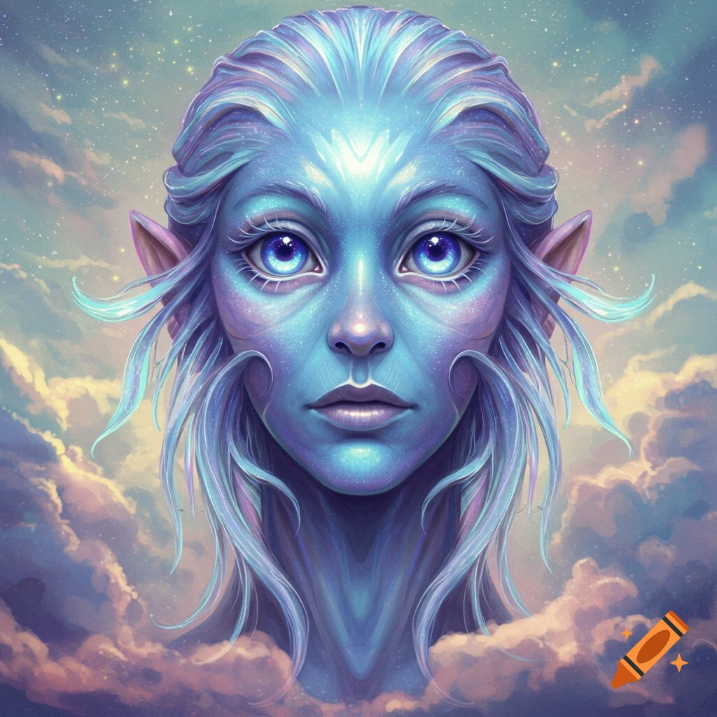 A vibrant blue fantasy creature with large, bright eyes and flowing hair, set against a starry, cloudy sky.