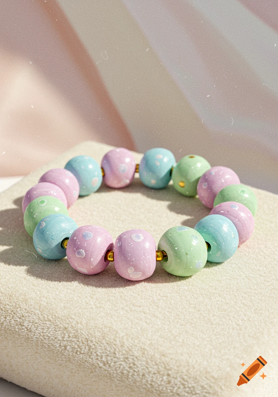 Close-up of a pastel clay bead bracelet with pink, blue, and green speckled beads on a textured beige surface.