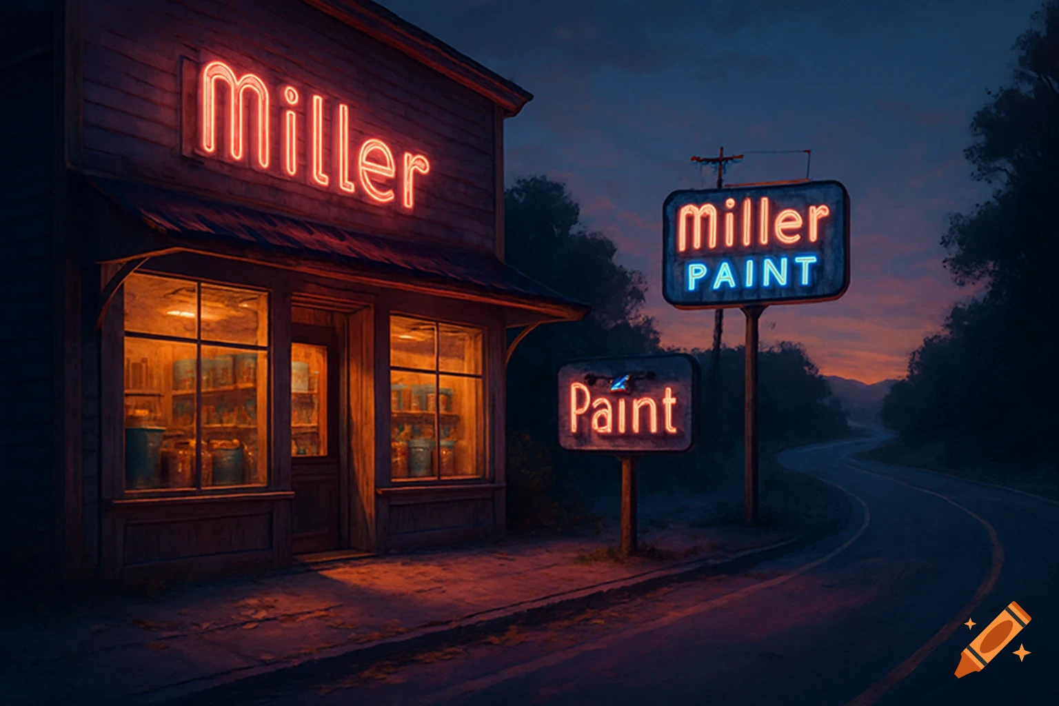 A rustic wooden storefront with a bright red neon sign that reads "Miller." Nearby, two more neon signs glow against the dusk sky, one large blue sign reading "miller PAINT" and a smaller red sign reading "Paint." A winding road stretches into the background.