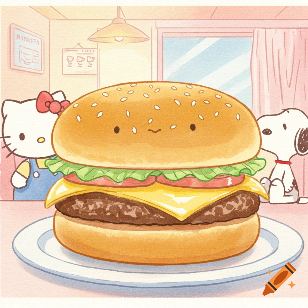 A cartoon watercolor of a cute cheeseburger with a face, flanked by Hello Kitty and Snoopy in a diner setting.