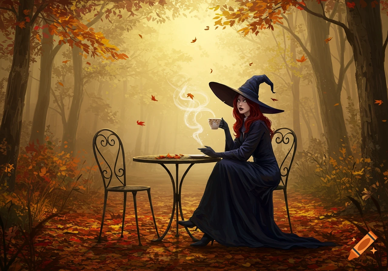 A witch with red hair and a black hat drinks coffee at a table in a sunlit autumn forest with fallen leaves, in an illustrative style.