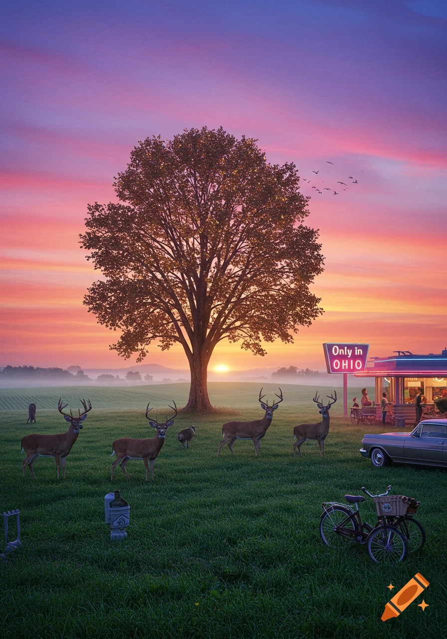 Photorealistic image of deer in a green field at sunset with a large tree and a retro diner with an 'Only in OHIO' sign.