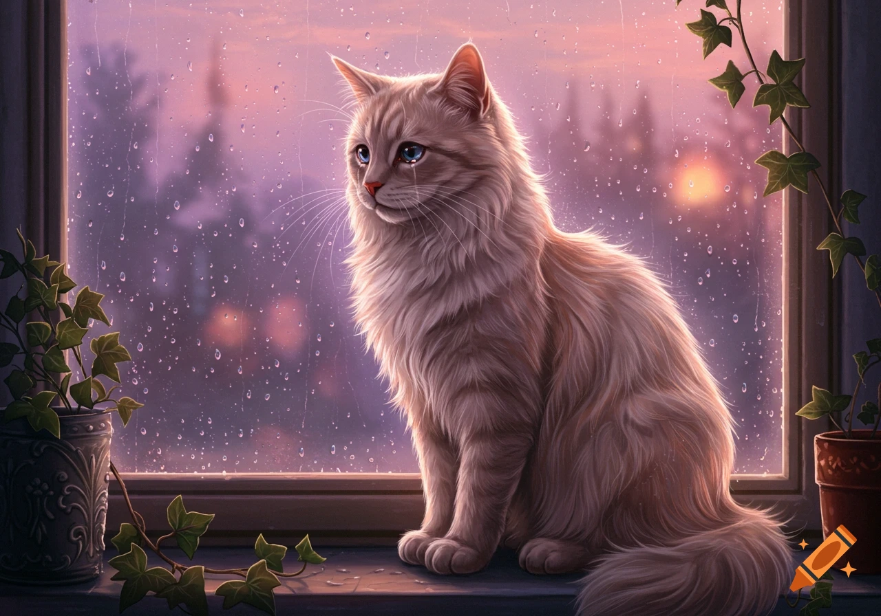 A fluffy cream-colored cat with blue eyes sits on a windowsill, tears on its face, looking out a rainy window at sunset.