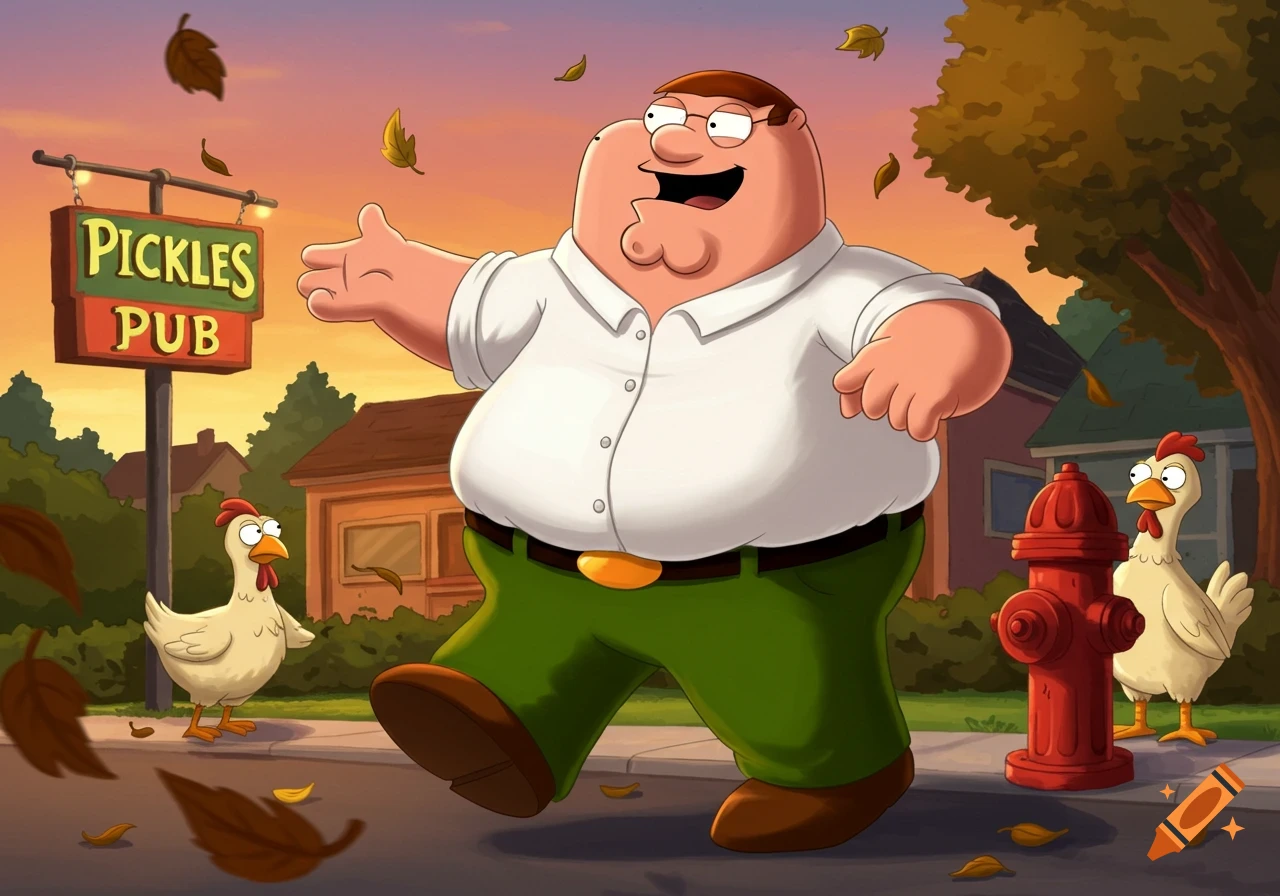 Peter Griffin walks cheerfully past Pickles Pub with chickens on an autumn street at sunset.
