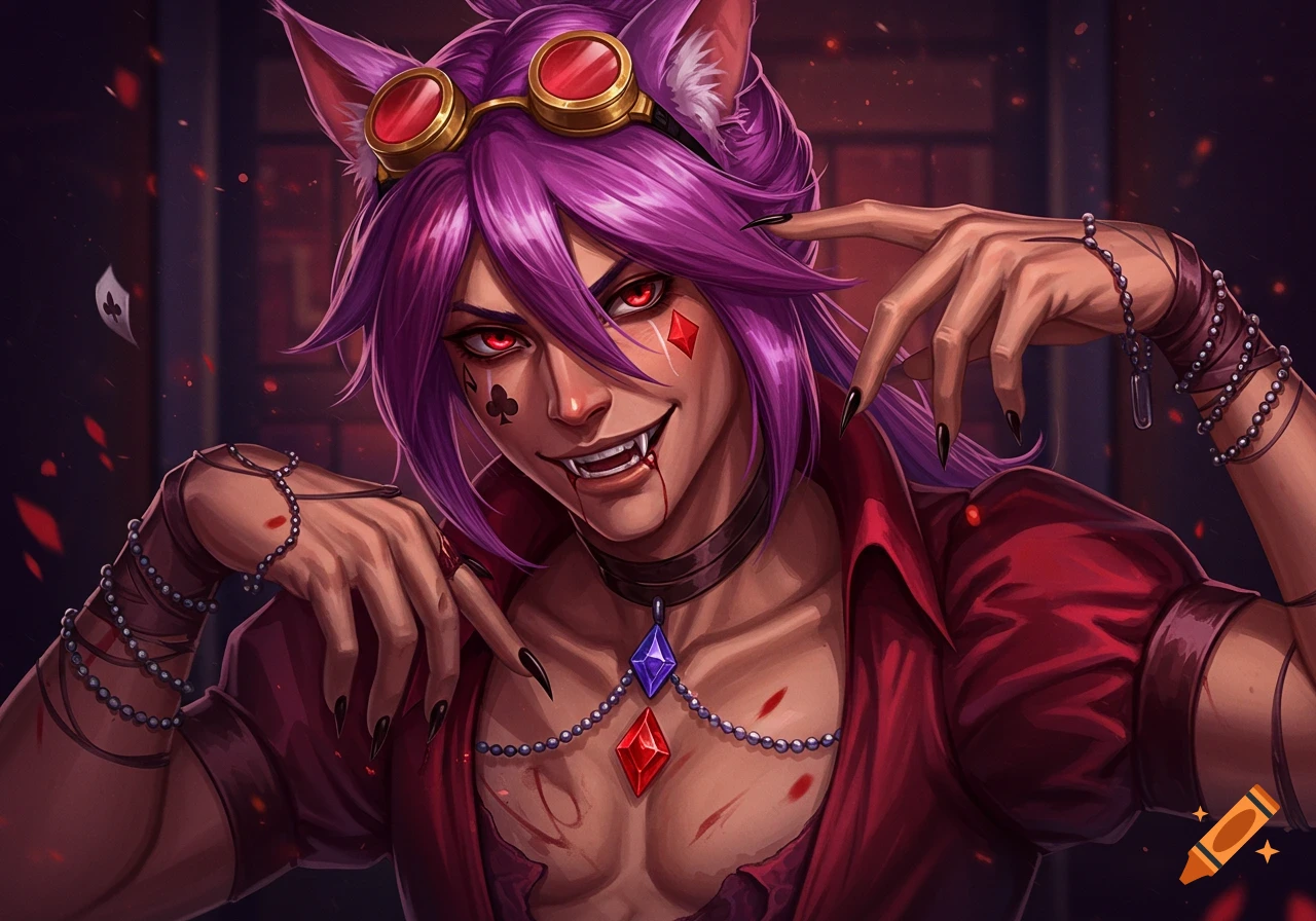 A close-up digital art portrait of Astri, a character with purple hair, cat ears, red goggles, and fangs. He has card symbols on his cheeks, red eyes, and is wearing a red, open shirt with beaded chains on his chest.