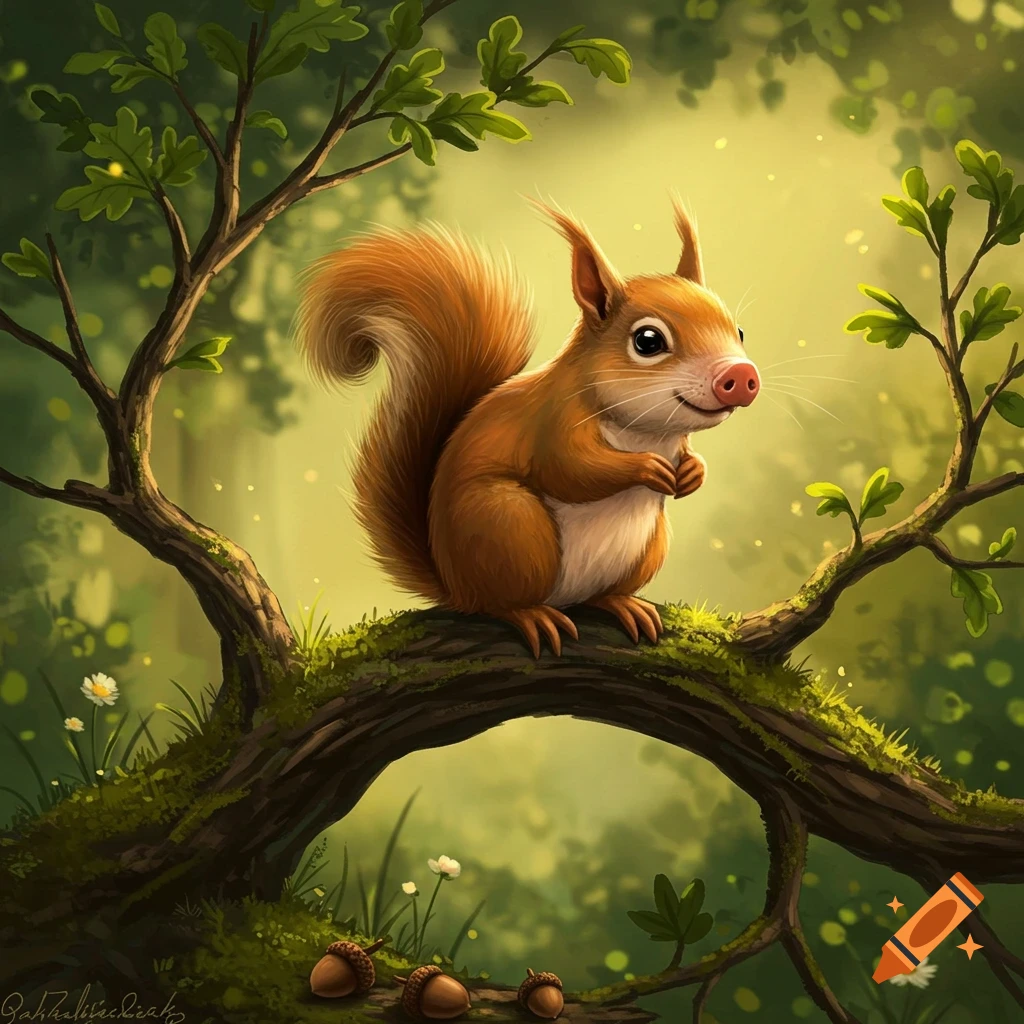 A cute, stylized squirrel with a pink snout sits on a mossy tree branch in a sunny, green forest. Digital illustration.