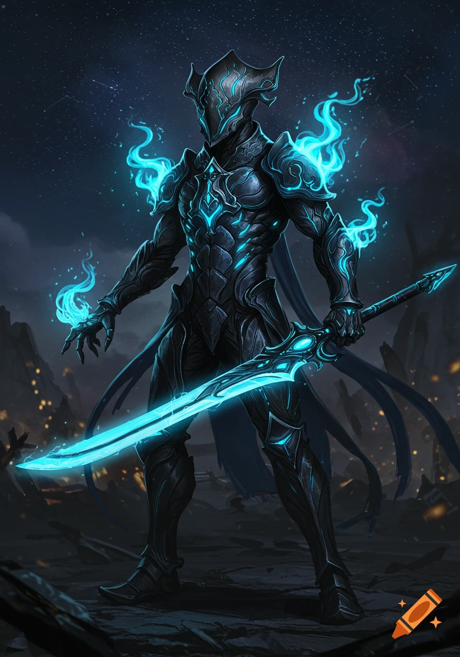 A character in dark, futuristic armor with glowing blue accents and flames, holding a glowing blue sword, against a dark, starry sky.