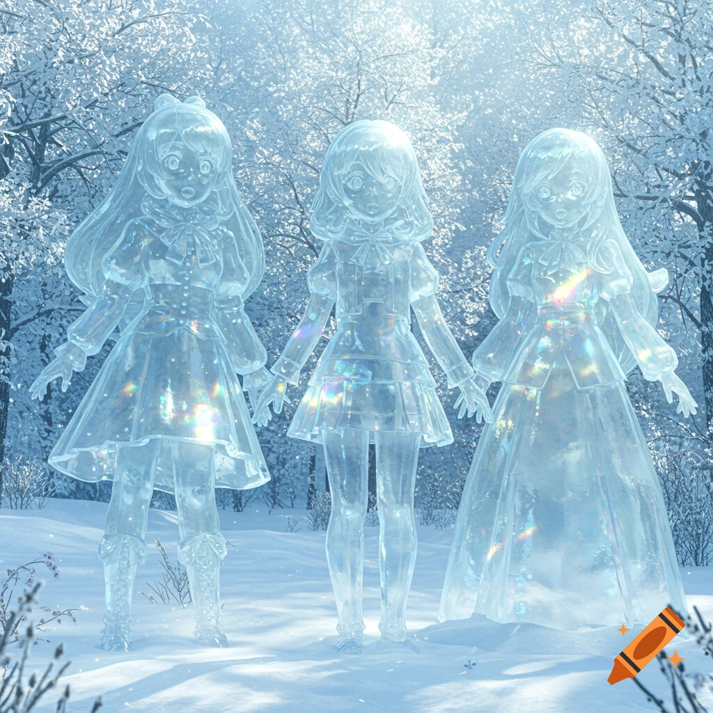 Three clear ice statues of surprised anime girls in dresses stand in a snowy winter forest.