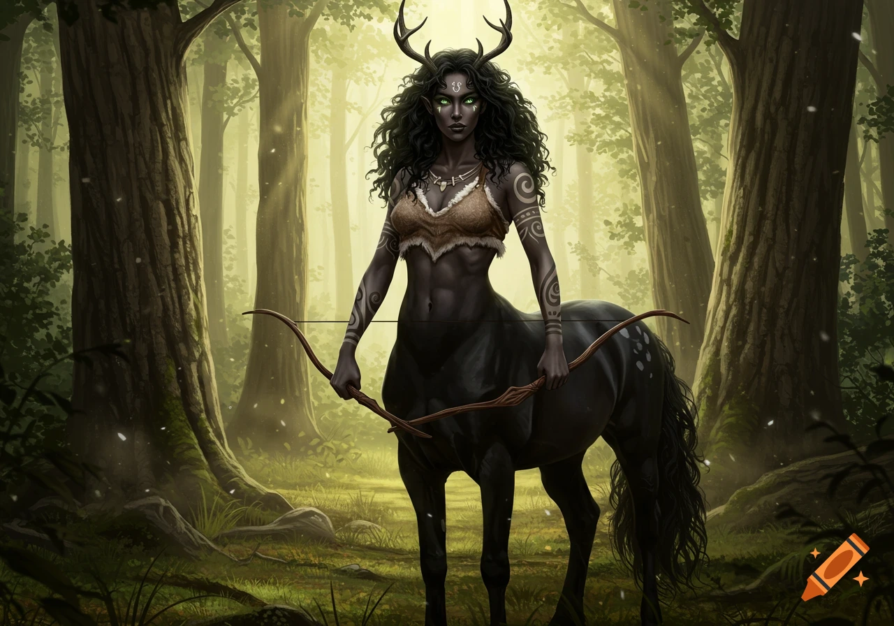 A female centaur with antlers, long black hair, and tribal tattoos holds a shortbow in a sunlit forest.