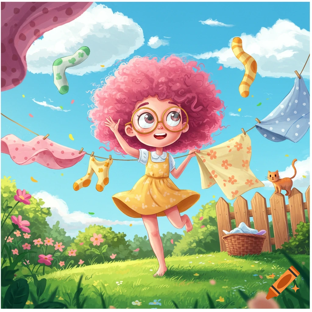 A joyful cartoon girl with pink curly hair and glasses hangs laundry on a clothesline in a sunny garden with flowers and a cat.