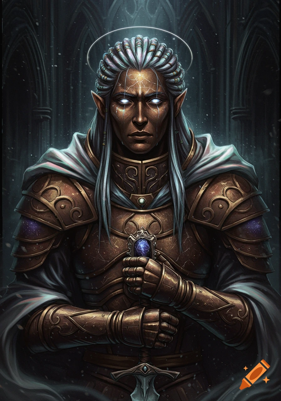 A dark fantasy hero with glowing eyes, long silver hair, and ornate bronze armor holds a glowing artifact in a gothic cathedral.