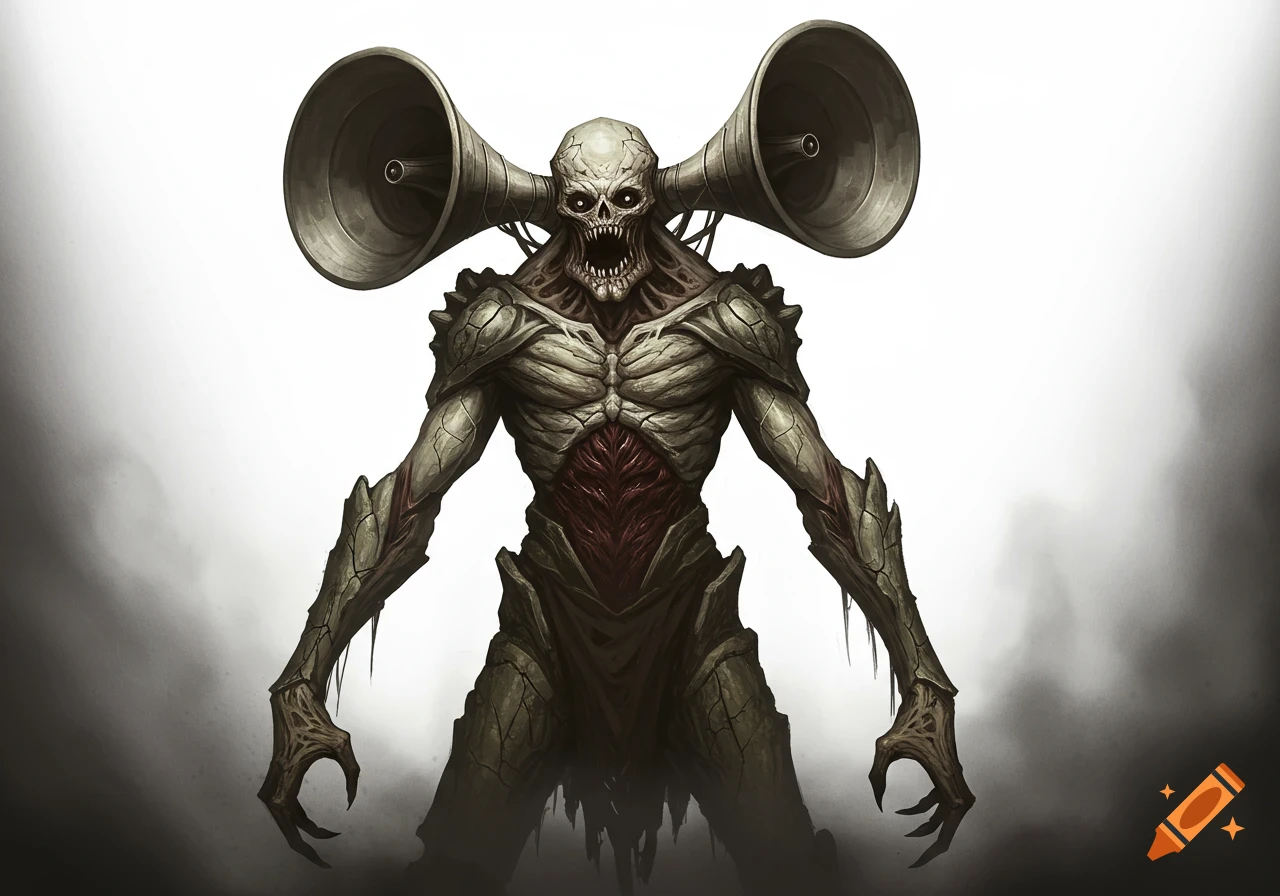 A terrifying, skeletal monster with large sirens for ears and exposed flesh on its chest stands against a white and gray gradient background.