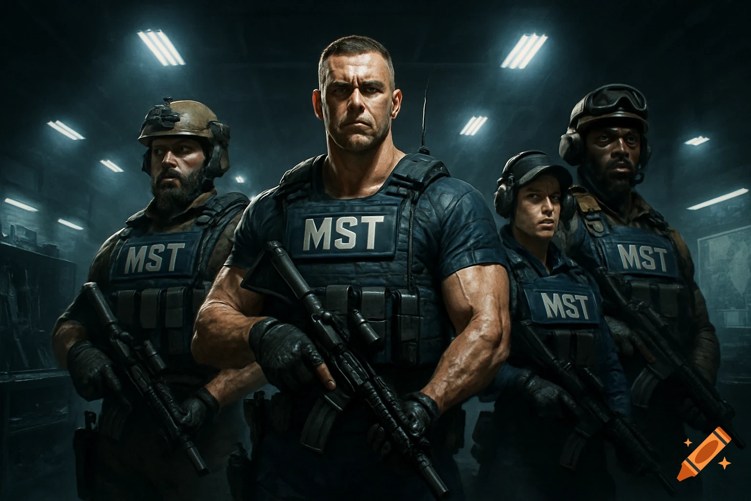 Four photorealistic tactical operators, wearing 'MST' vests and holding rifles, stand in a dark, industrial room.