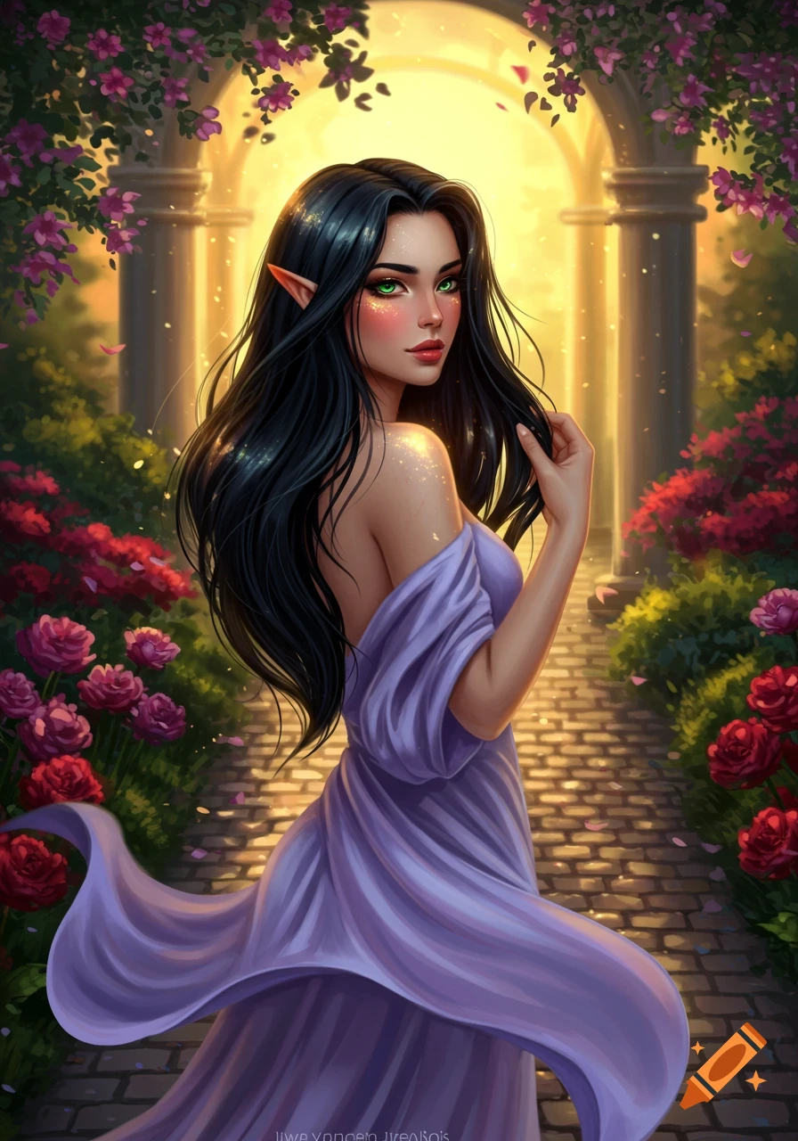 A beautiful dark-haired elf woman in a purple dress stands in a vibrant fantasy garden with an archway glowing in the background.