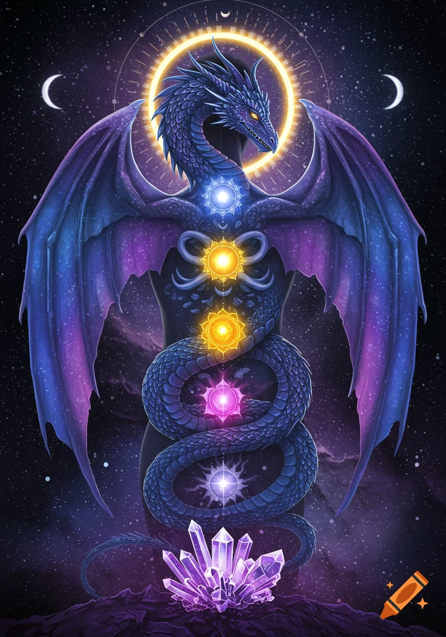 A majestic blue and purple dragon with open wings coils around glowing chakras, set against a starry cosmic background with purple crystals.
