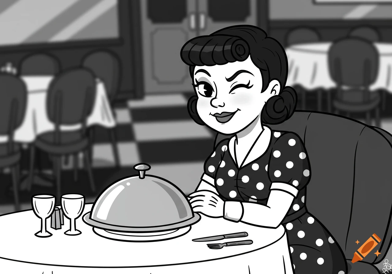 A black and white retro cartoon woman winks and smiles while sitting at a restaurant table with a cloche and glasses.